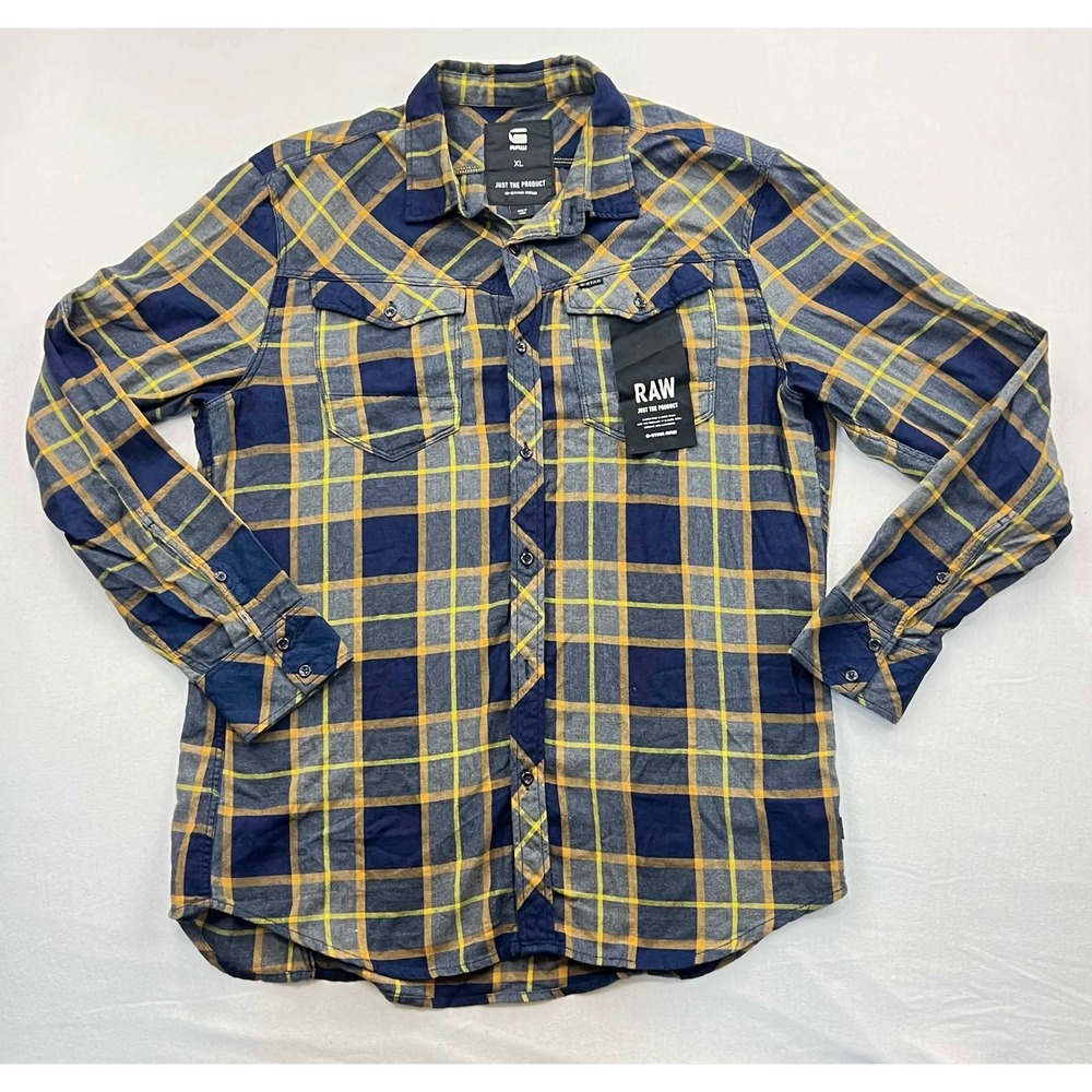 G-Star Raw Arc 3D Shirt Blue Yellow Plaid Button Down Mens XL D04919-8603-8079